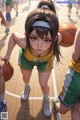 A girl in a green and yellow uniform holding a basketball.