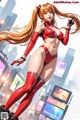 A woman in a red bikini standing in the middle of a city.