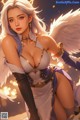 a woman with white hair and angel wings posing for a picture