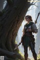 A woman standing next to a tree holding a sword.