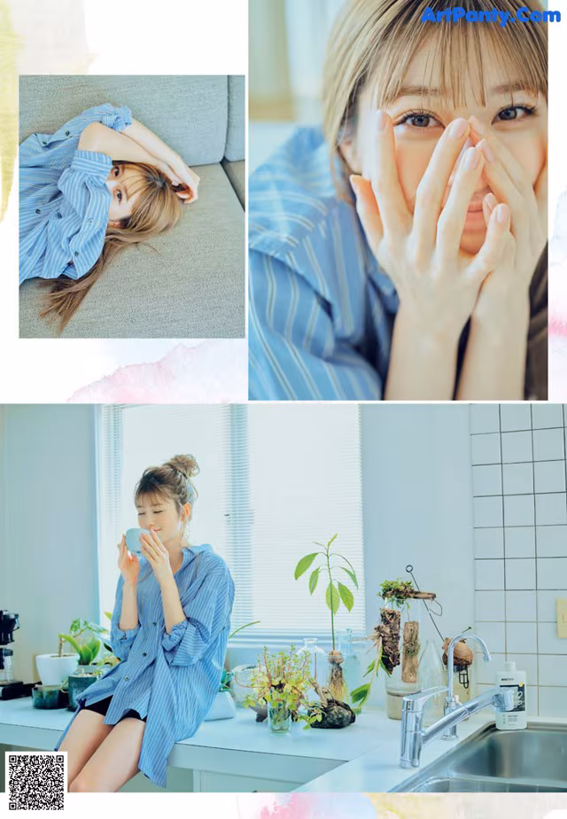 A collage of photos of a woman sitting at a kitchen counter.