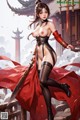 A woman in a revealing outfit with a red cape and sword stands confidently.